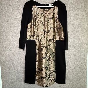 DKNYC Black‎ Gold Floral Panel Long Sleeve Stretch Dress Size 12 Holiday Party